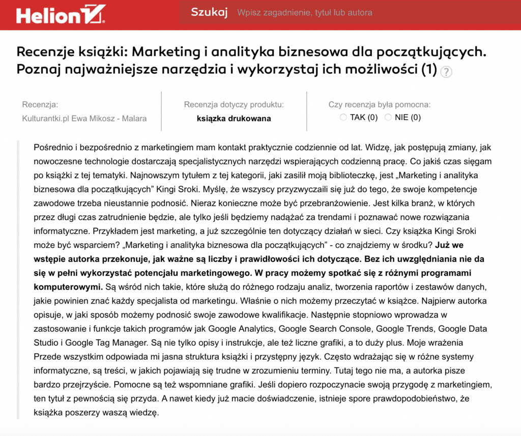 recenzje książki Marketing i analityka biznesowa dla początkujących 