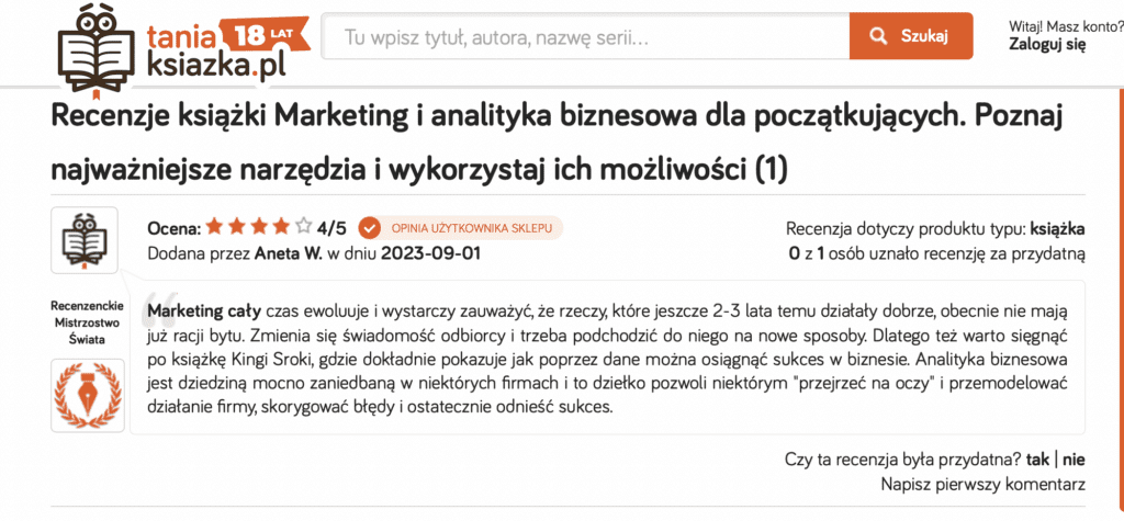 recenzje książki Marketing i analityka biznesowa dla początkujących 